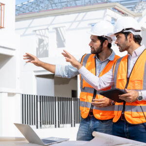 Engineer,And,Architect,Discussing,Building,Plan,At,Construction,Site,group,Of