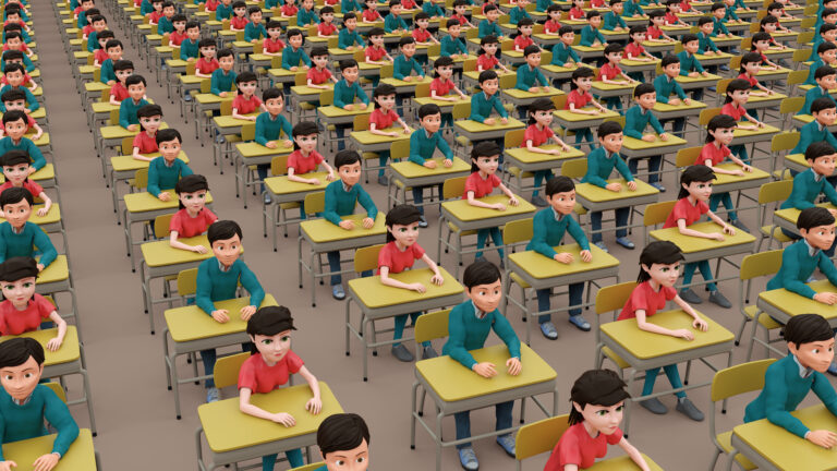 children student at school boy and girl cartoon desks lined up 3D illustration