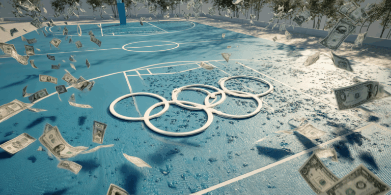 dgbeig long view blue toned sports court with the olympic rin d