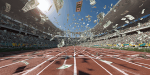 dgbeig long view track and field with the olympic rings and d