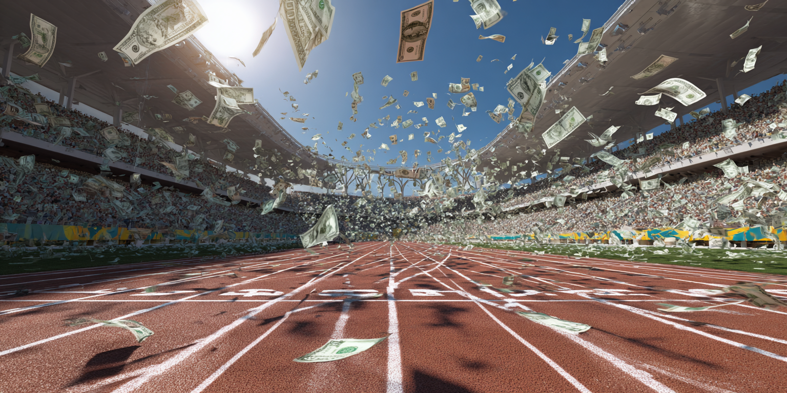 dgbeig long view track and field with the olympic rings and d