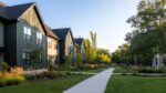 Modern townhouses with manicured landscaping